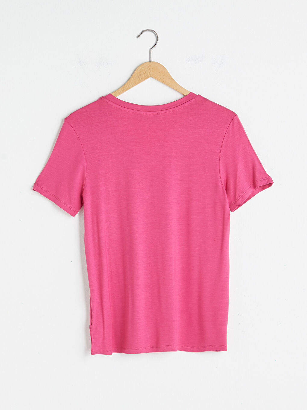 Fuşya V Yaka Düz Kısa Kollu Kadın Tişört-8