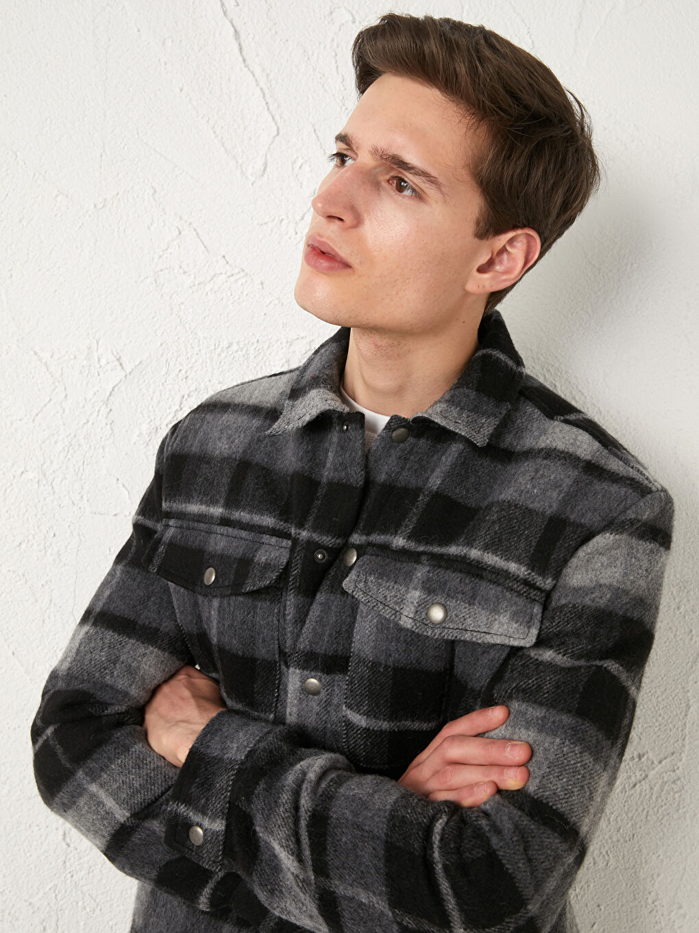 Siyah Regular Fit Uzun Kollu Ekose Kaşe Erkek Gömlek Ceket-2