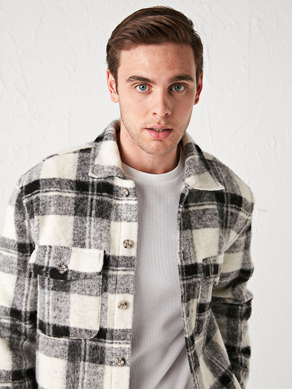 Siyah Regular Fit Uzun Kollu Ekose Erkek Gömlek Ceket-1