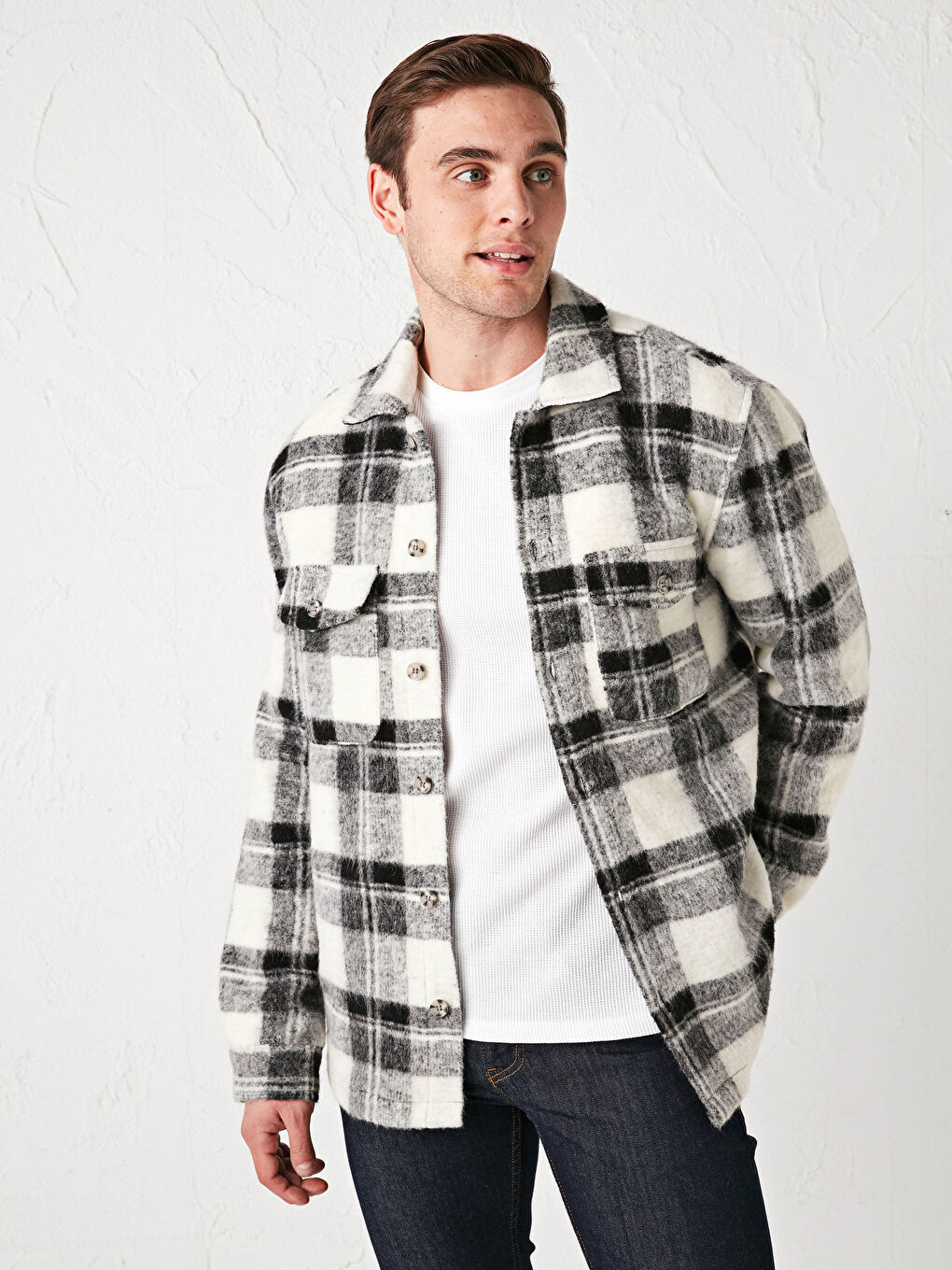 Siyah Regular Fit Uzun Kollu Ekose Erkek Gömlek Ceket-2