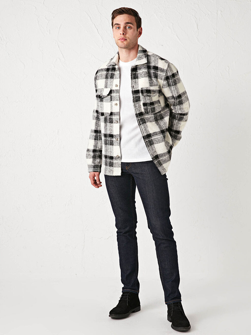 Siyah Regular Fit Uzun Kollu Ekose Erkek Gömlek Ceket-3