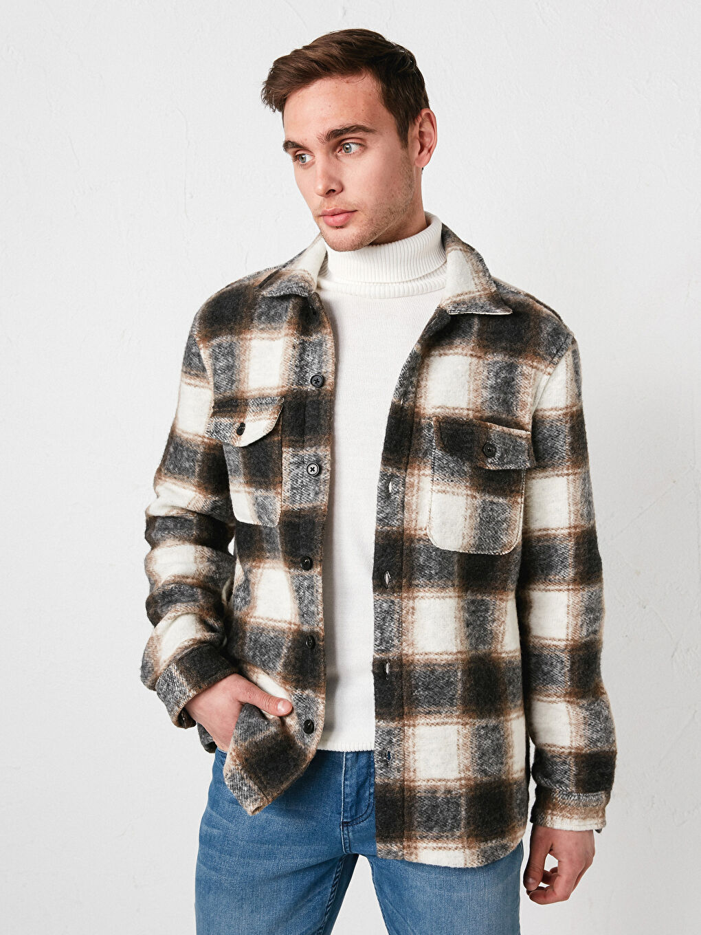 Bej Standart Kalıp Gömlek Yaka Ekose Kaşe Erkek Mont-1