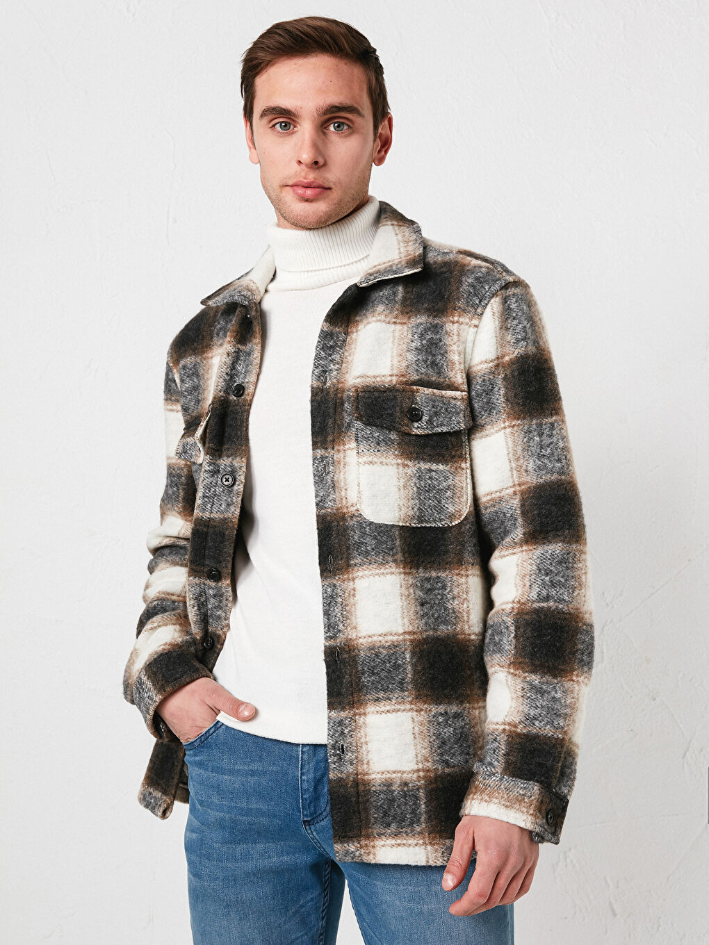 Bej Standart Kalıp Gömlek Yaka Ekose Kaşe Erkek Mont-2