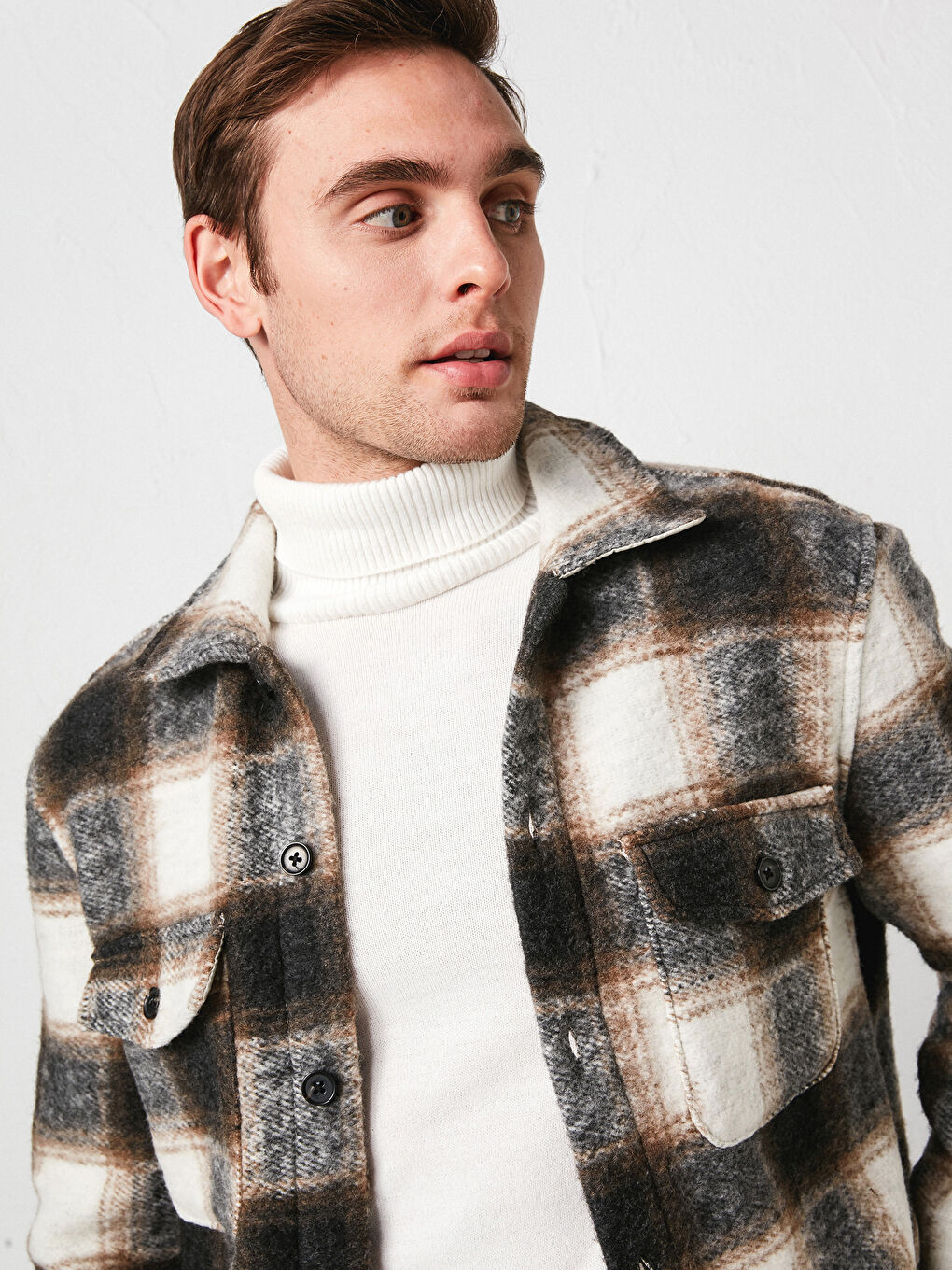 Bej Standart Kalıp Gömlek Yaka Ekose Kaşe Erkek Mont-3