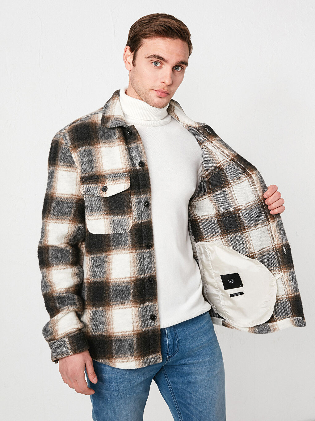 Bej Standart Kalıp Gömlek Yaka Ekose Kaşe Erkek Mont-4