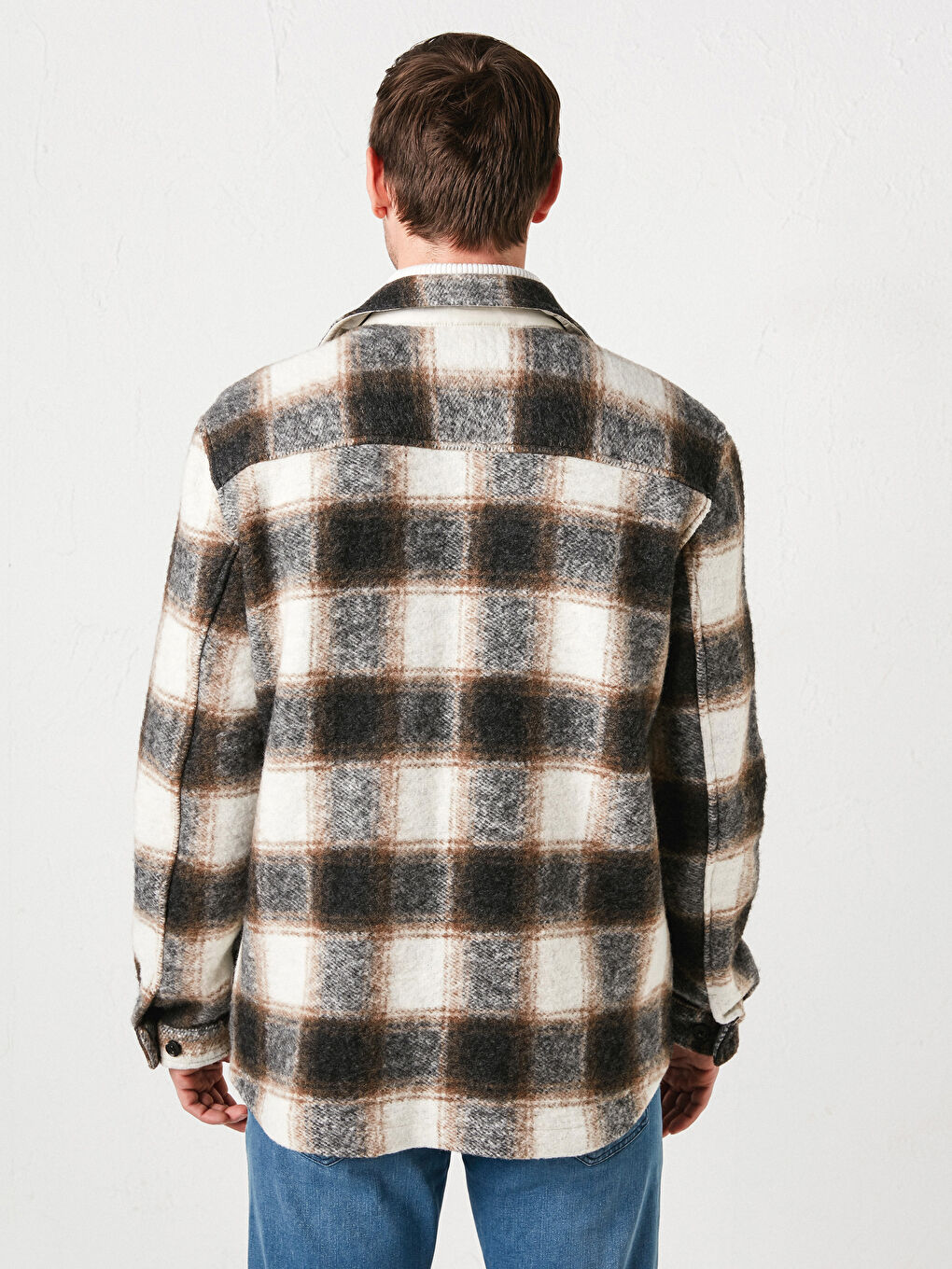 Bej Standart Kalıp Gömlek Yaka Ekose Kaşe Erkek Mont-7