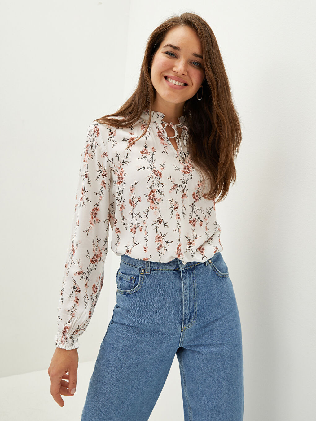 Ruffled Tie Collar Floral Long Sleeve Viscose Women's Blouse-1