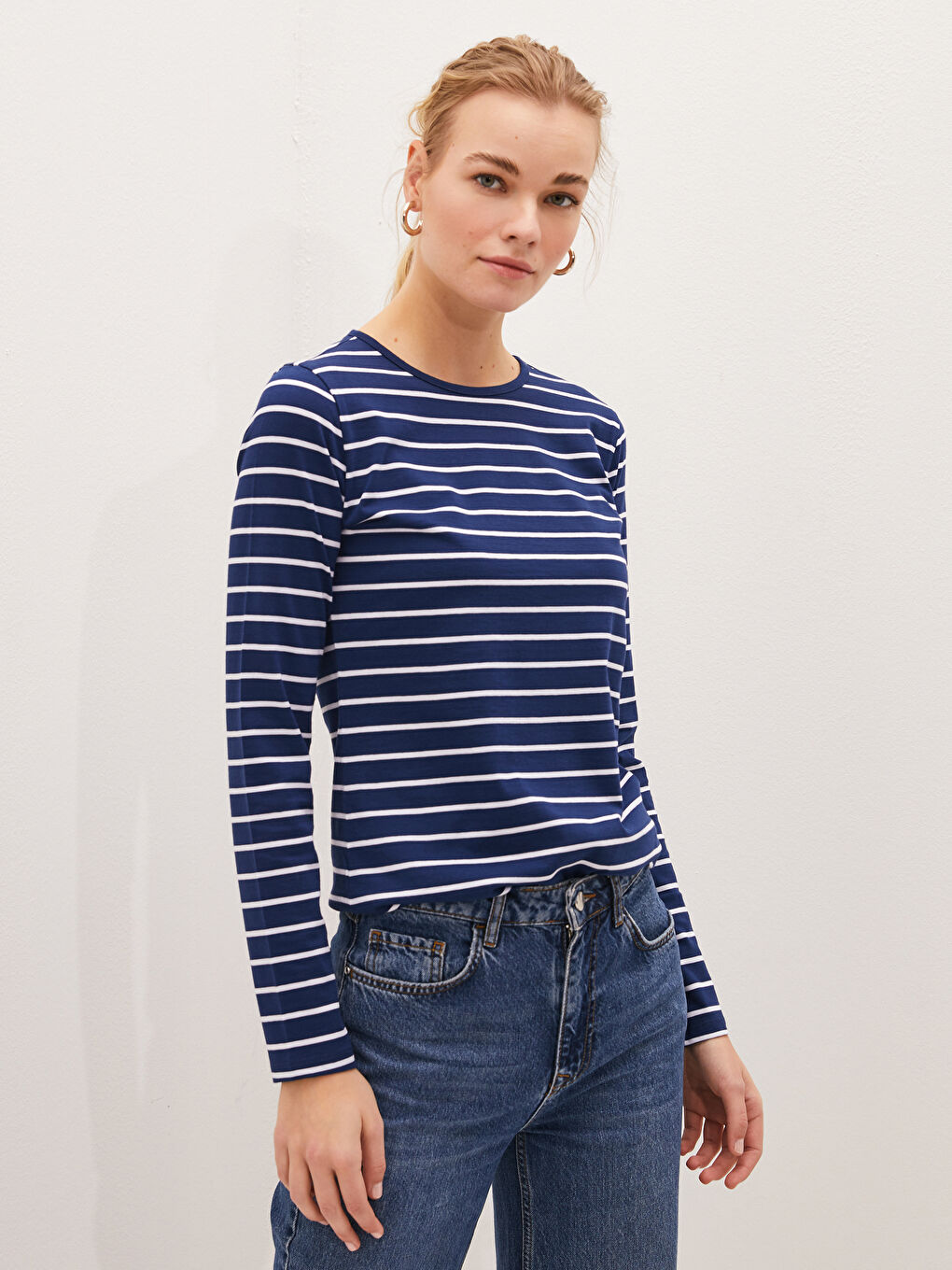 Lacivert Bisiklet Yaka Çizgili Uzun Kollu Pamuklu Kadın Tişört-2