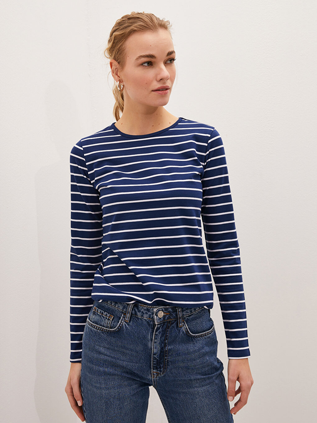 Lacivert Bisiklet Yaka Çizgili Uzun Kollu Pamuklu Kadın Tişört-3