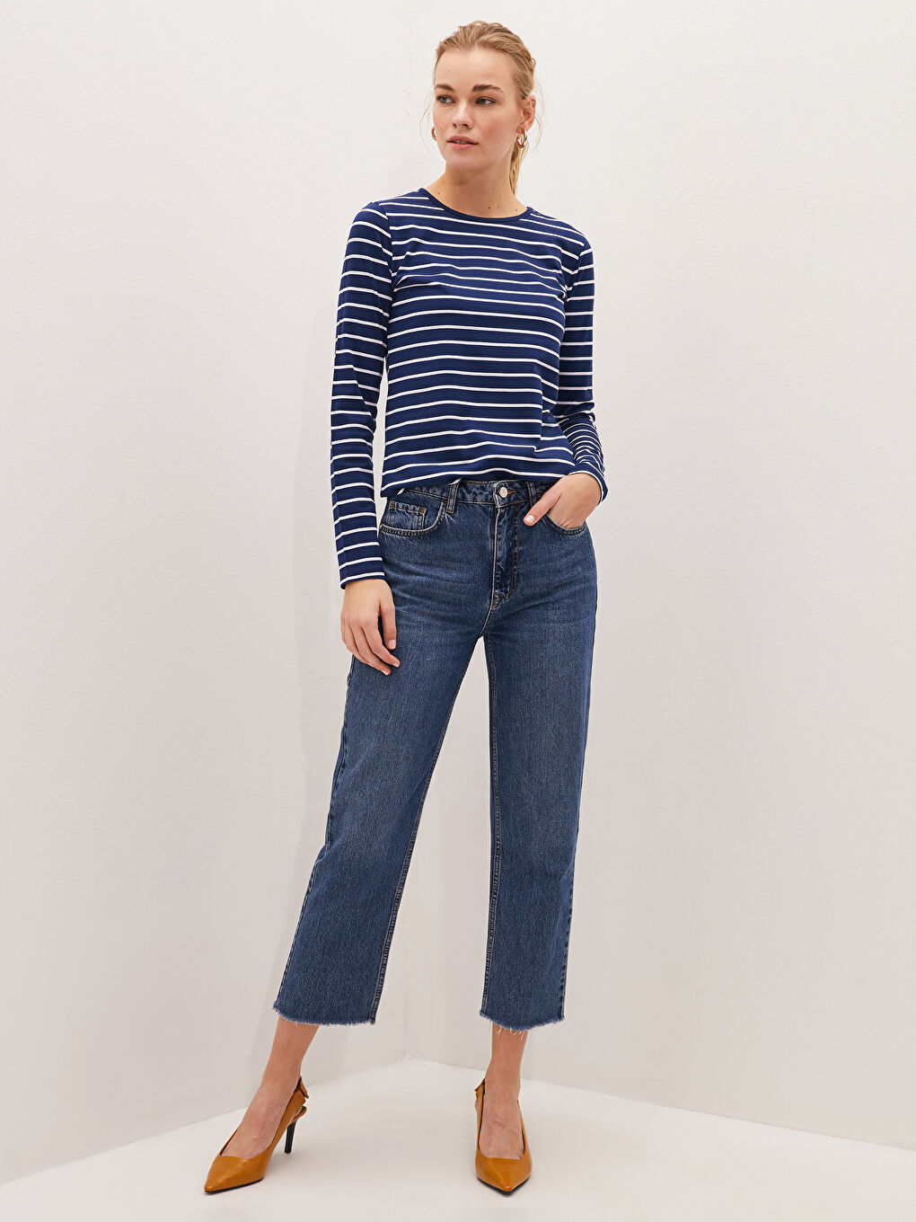 Lacivert Bisiklet Yaka Çizgili Uzun Kollu Pamuklu Kadın Tişört-4