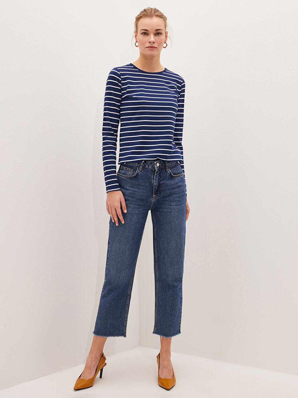Lacivert Bisiklet Yaka Çizgili Uzun Kollu Pamuklu Kadın Tişört-5