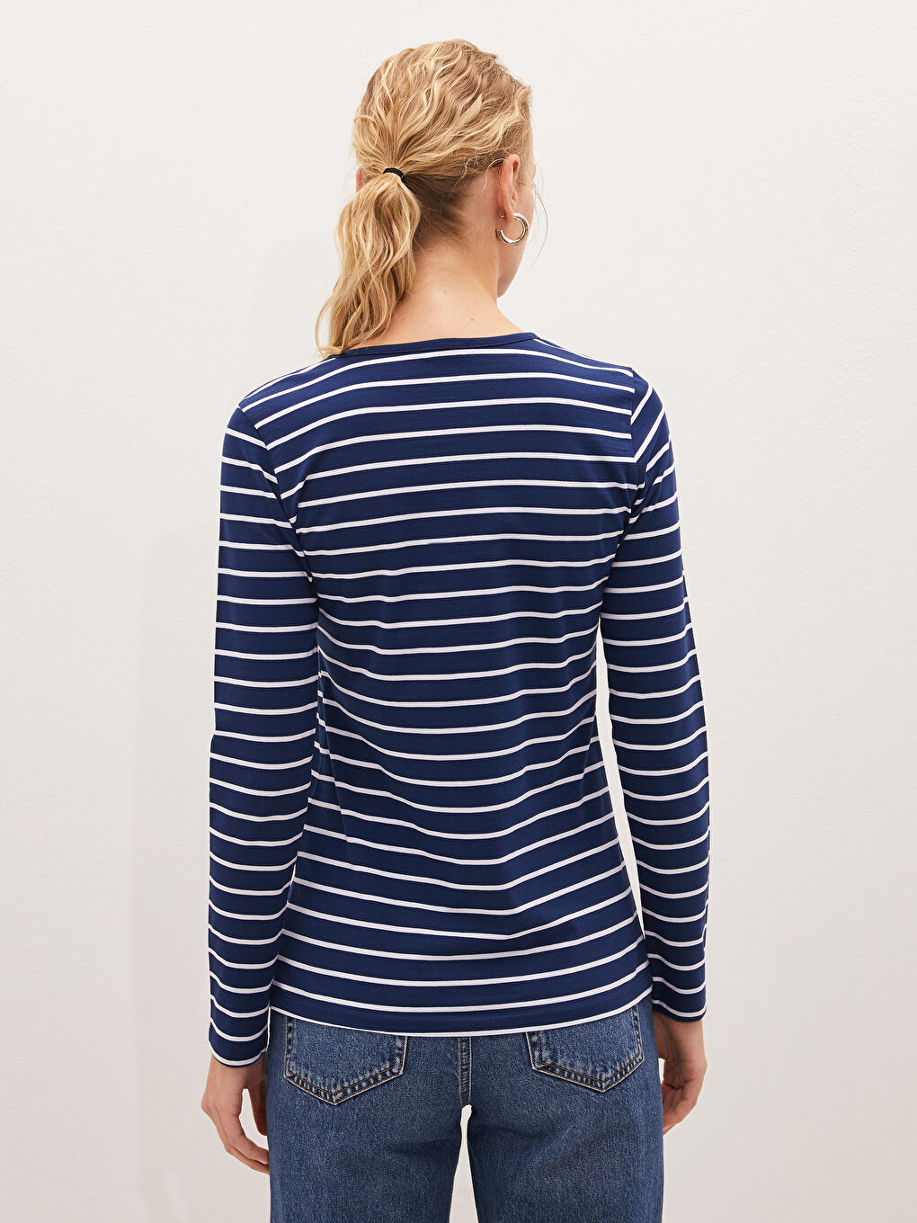 Lacivert Bisiklet Yaka Çizgili Uzun Kollu Pamuklu Kadın Tişört-6