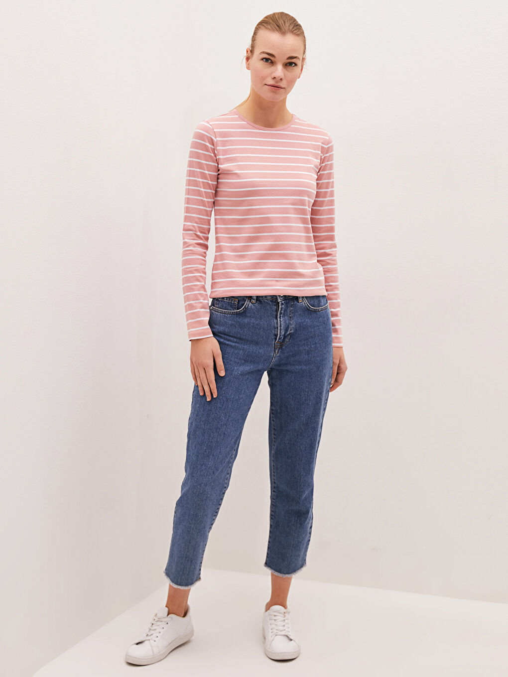 Pembe Bisiklet Yaka Çizgili Uzun Kollu Pamuklu Kadın Tişört-3