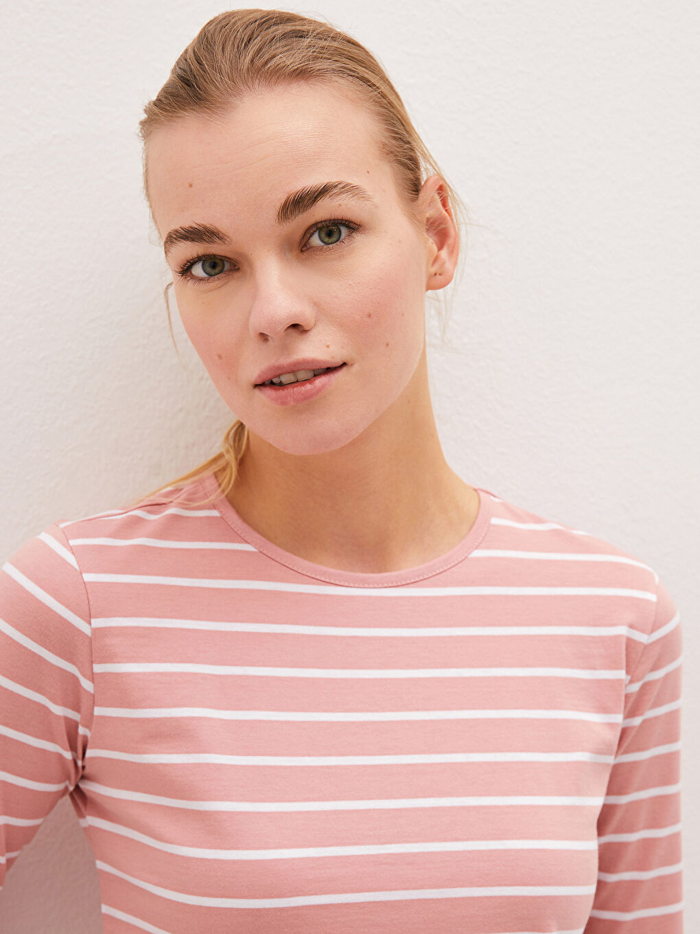 Pembe Bisiklet Yaka Çizgili Uzun Kollu Pamuklu Kadın Tişört-4