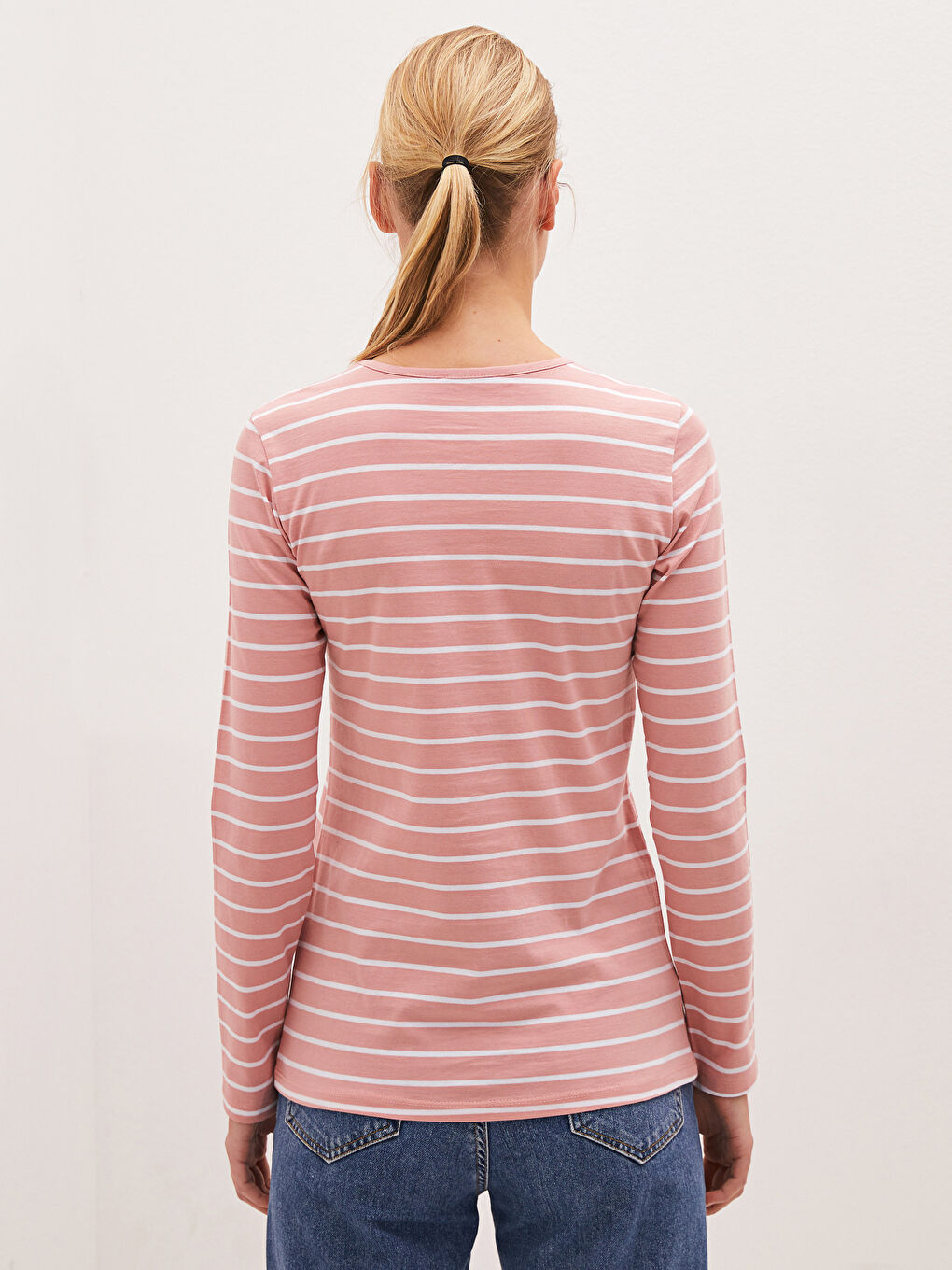 Pembe Bisiklet Yaka Çizgili Uzun Kollu Pamuklu Kadın Tişört-5
