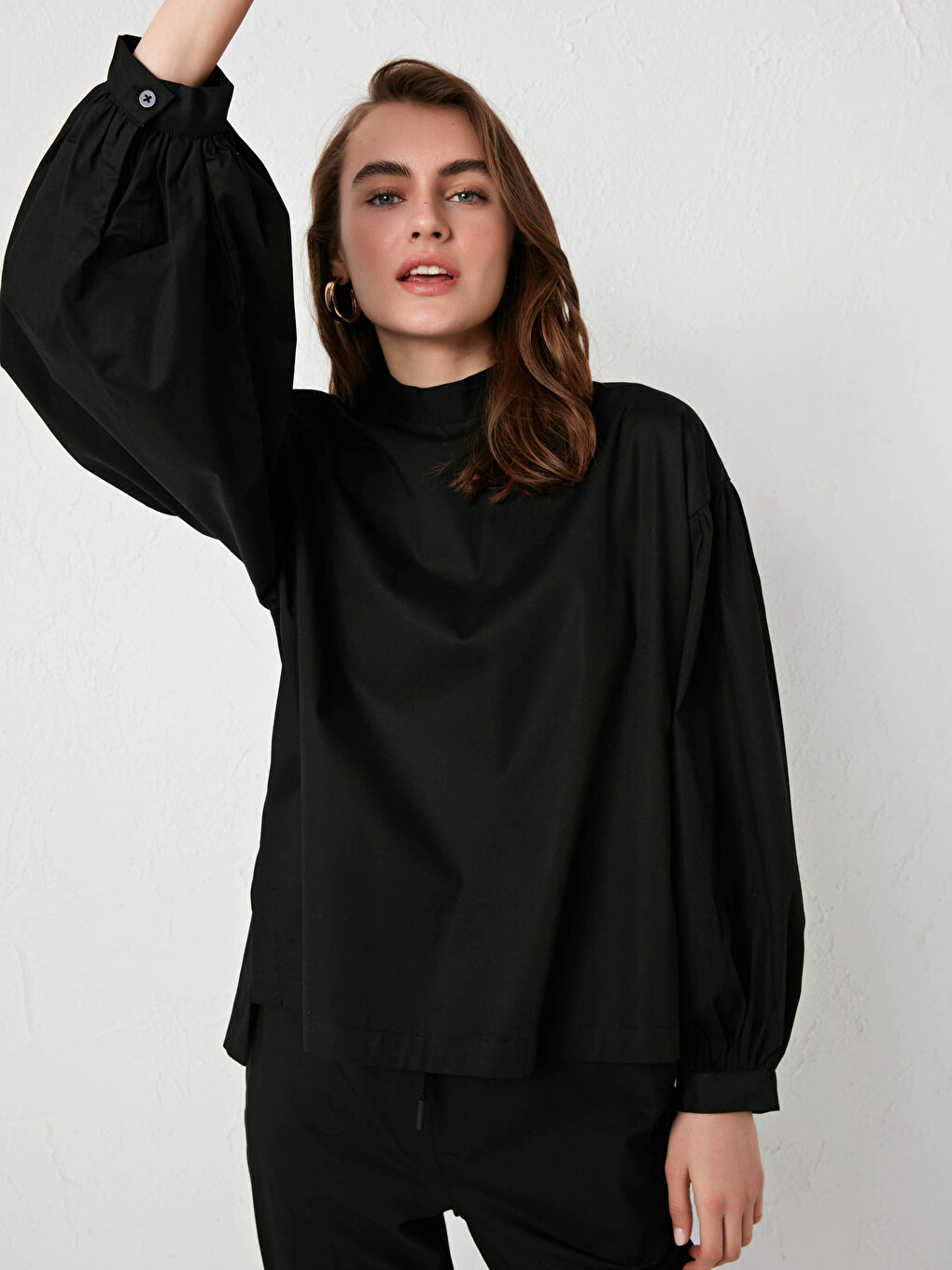 LCW Modest Grandad Collar Balloon Sleeve Oversize Poplin Women's