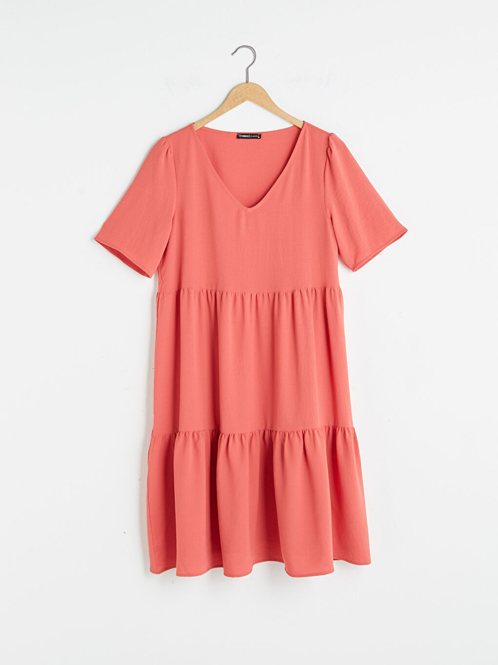 Kırmızı V Yaka Düz Kısa Kollu Fırfır Detaylı Kadın Elbise-5