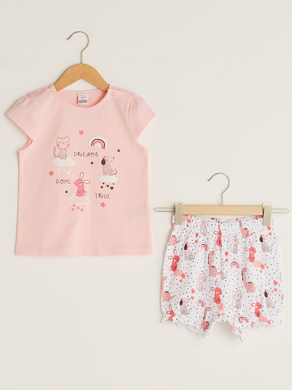 Pembe Bisiklet Yaka Kısa Kol Baskılı Kız Bebek Pijama Takımı