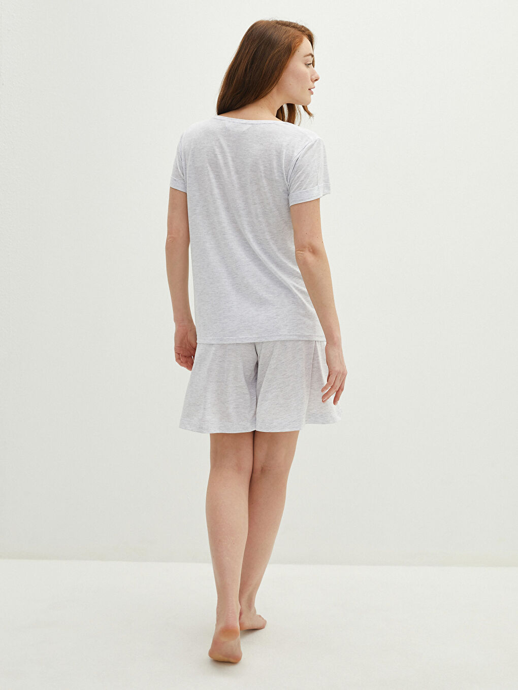 Gri Beli Lastikli Düğme Detaylı Kısa Kollu Hamile Şortlu Pijama Takımı-3