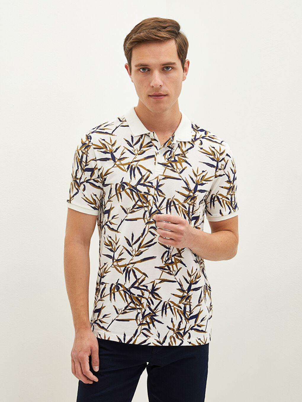 Ekru Polo Yaka Kısa Kollu Desenli Pike Erkek Tişört-1