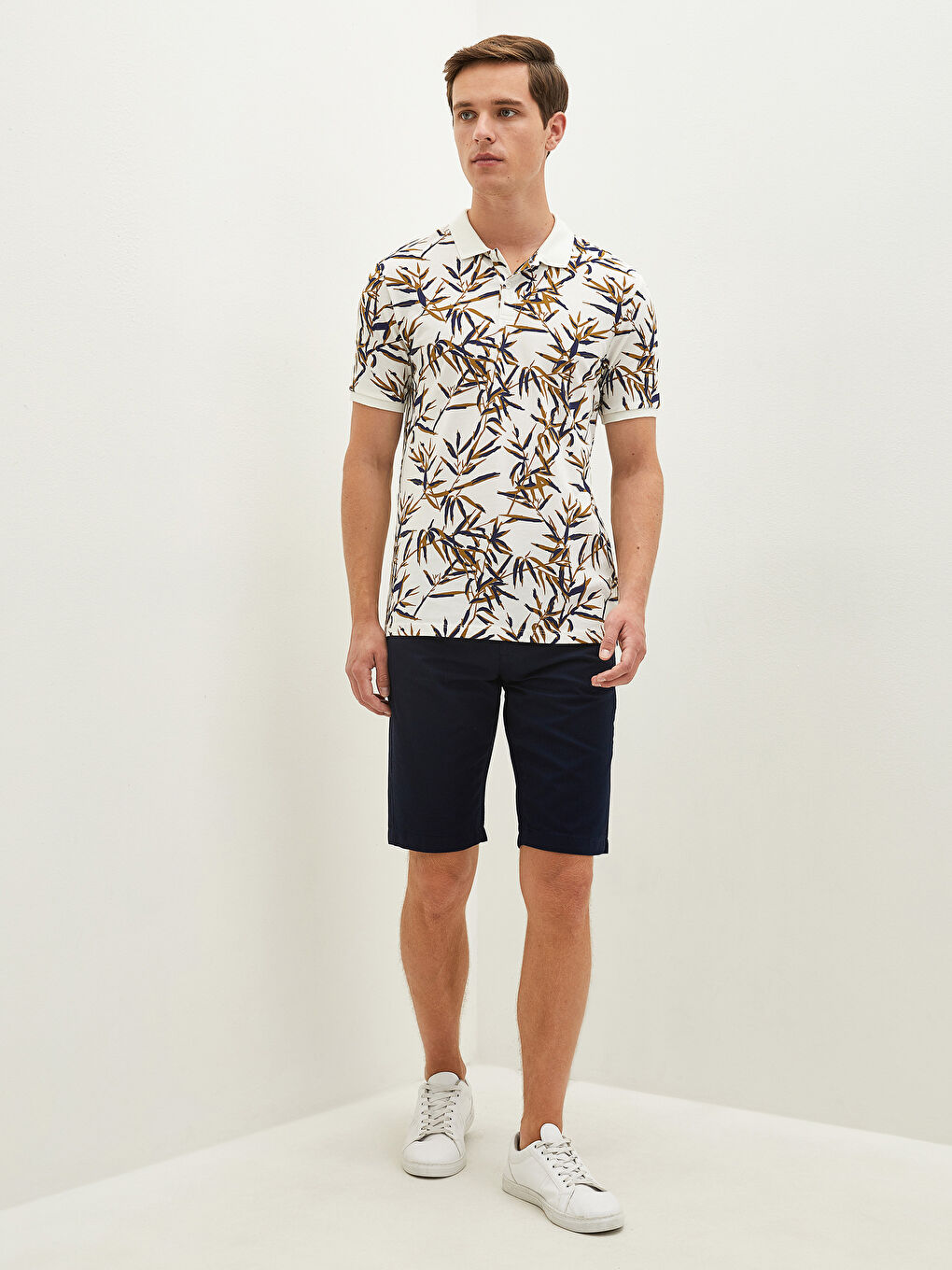 Ekru Polo Yaka Kısa Kollu Desenli Pike Erkek Tişört-2