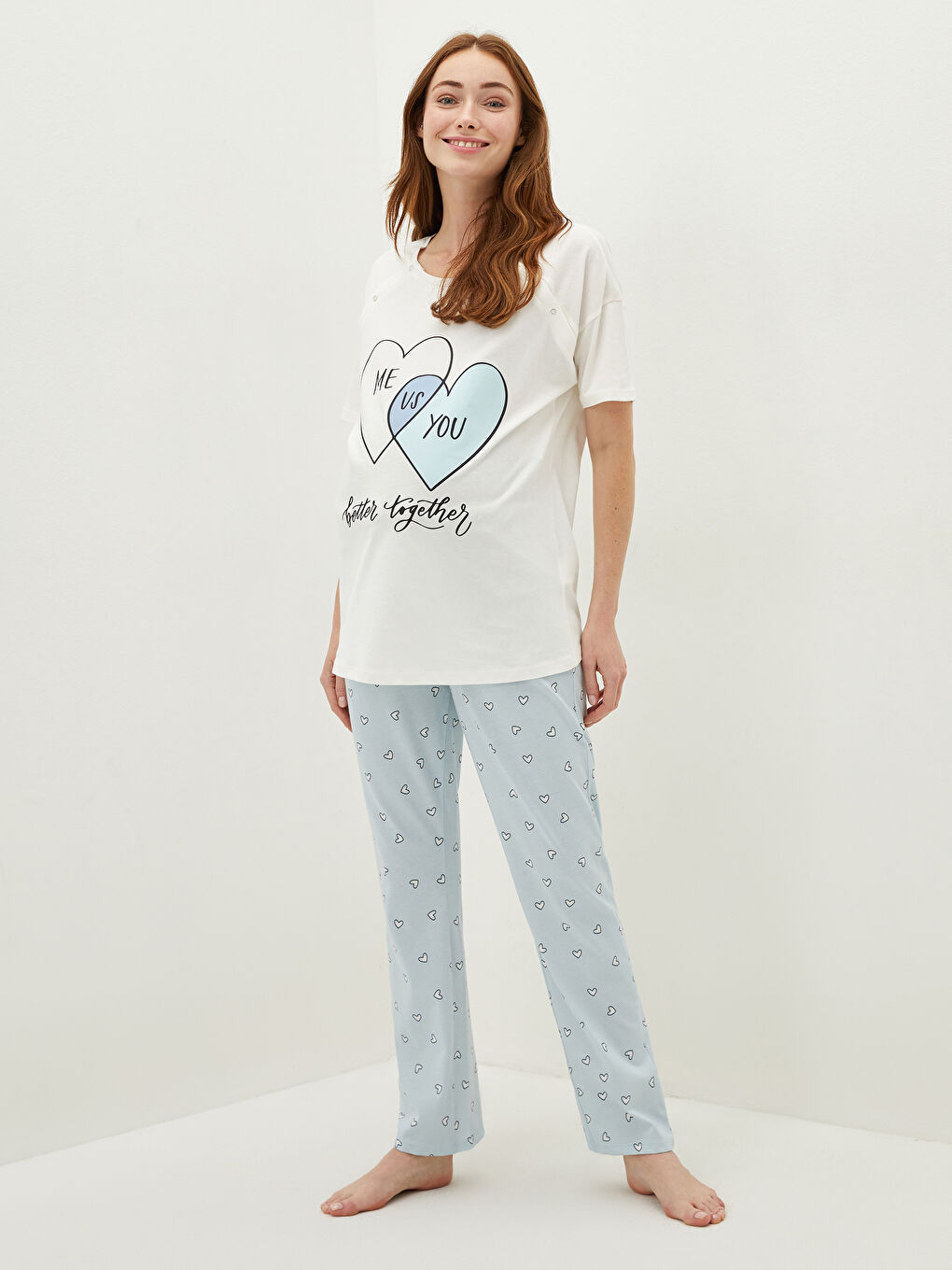 Mavi Bisiklet Yaka Baskılı Kısa Kollu Pamuklu Hamile Pijama Takımı-1