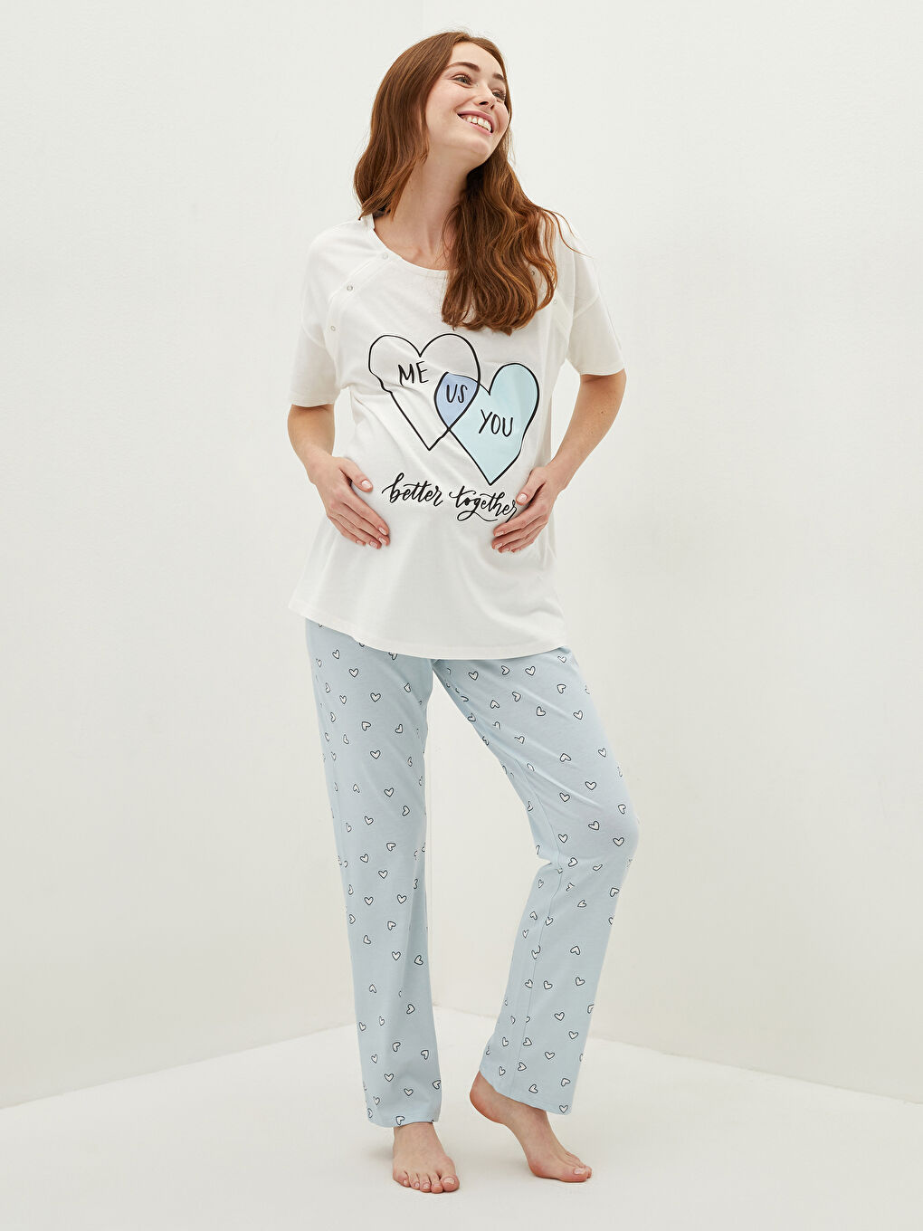 Mavi Bisiklet Yaka Baskılı Kısa Kollu Pamuklu Hamile Pijama Takımı-2