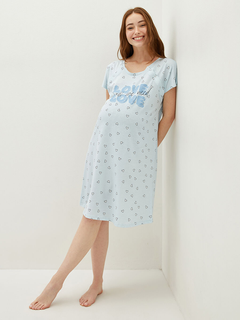 Crew Neck Printed Short Sleeve Cotton Maternity Nightgown-2