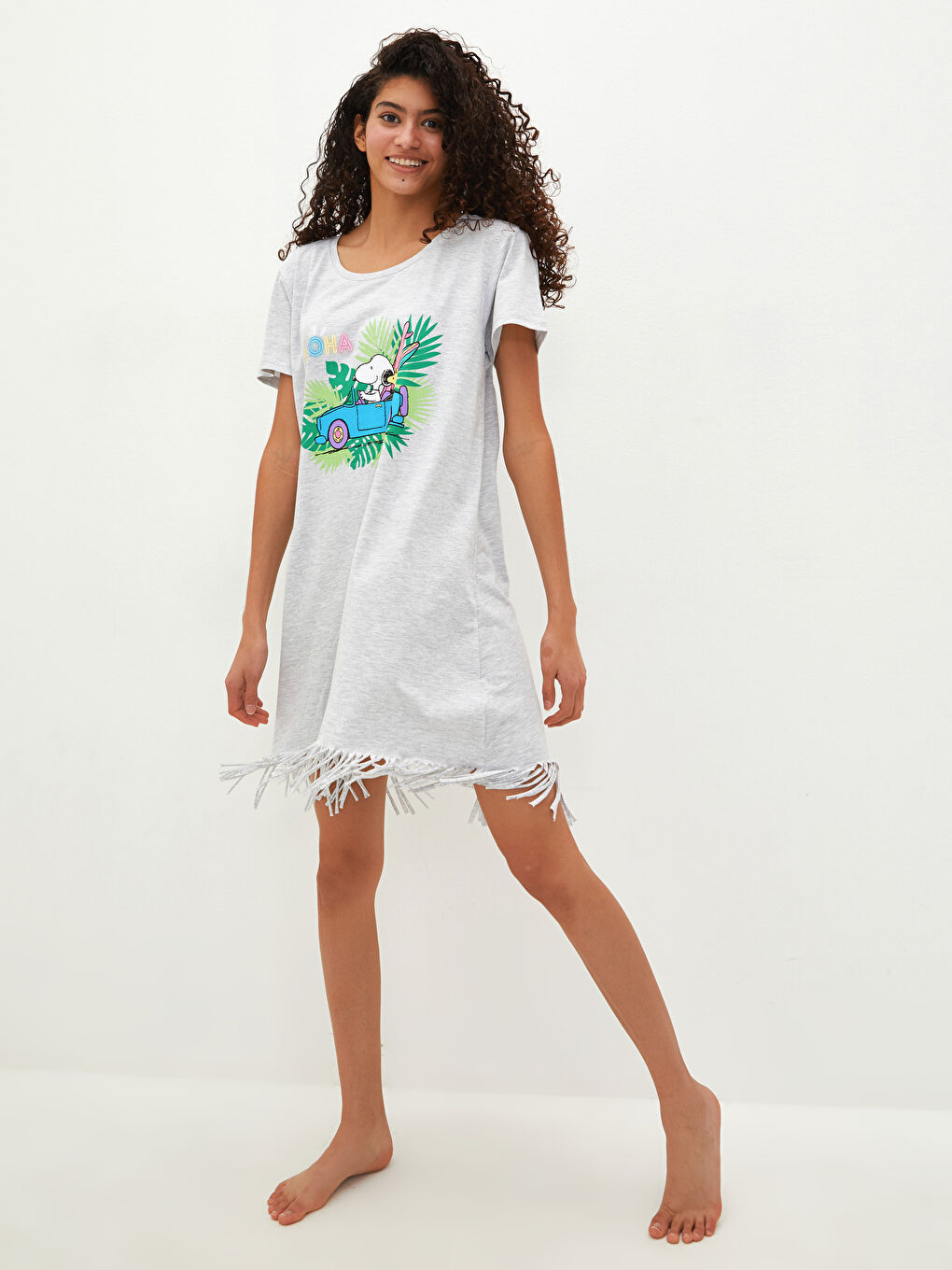 Gri Bisiklet Yaka Snoopy Baskılı Kadın Gecelik-2