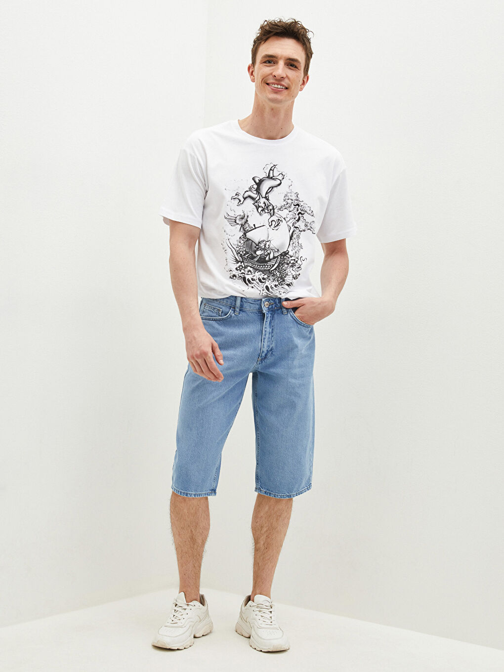 İndigo Standart Kalıp Bermuda Erkek Jean Şort-1