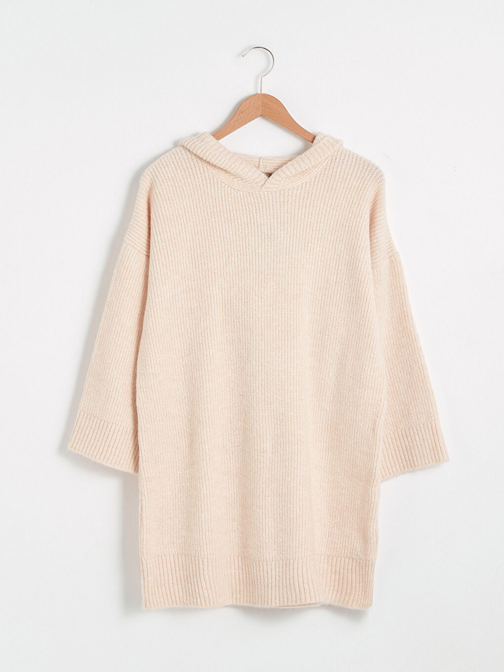 Pembe Kapüşonlu Triko Elbise-5