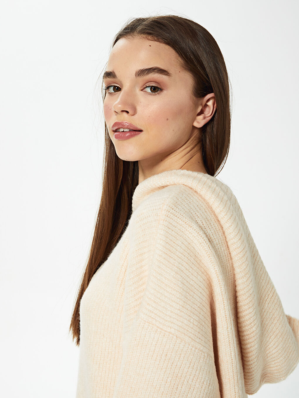 Pembe Kapüşonlu Triko Elbise-2