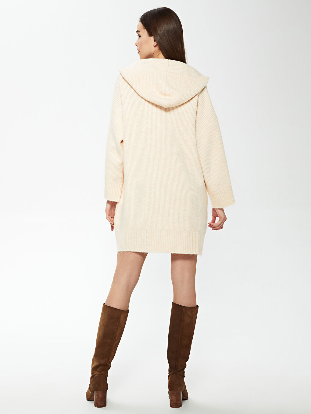 Pembe Kapüşonlu Triko Elbise-3