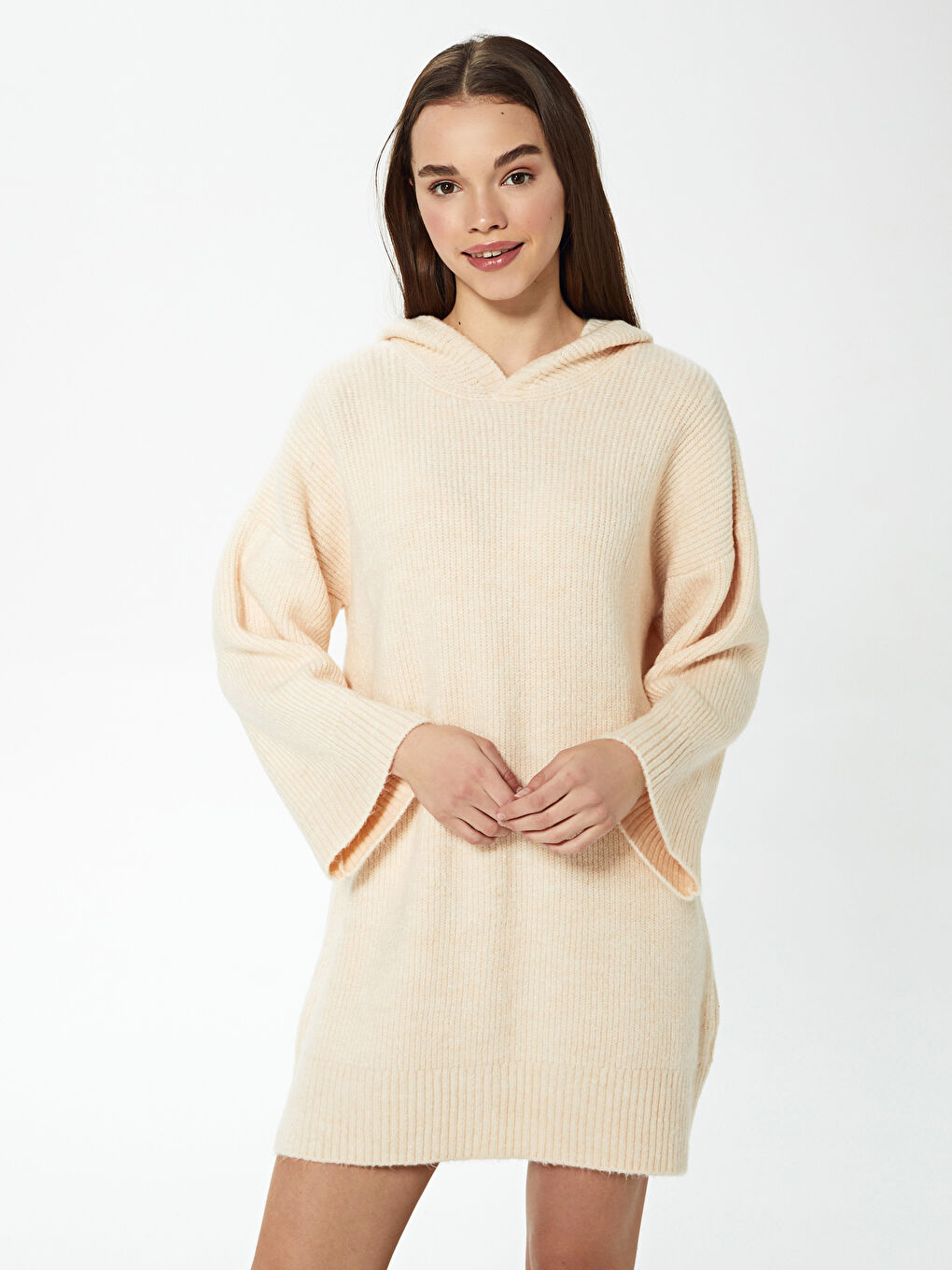 Pembe Kapüşonlu Triko Elbise