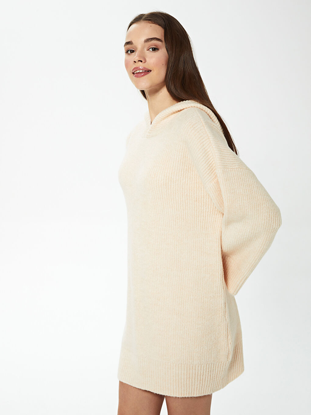 Pembe Kapüşonlu Triko Elbise-1