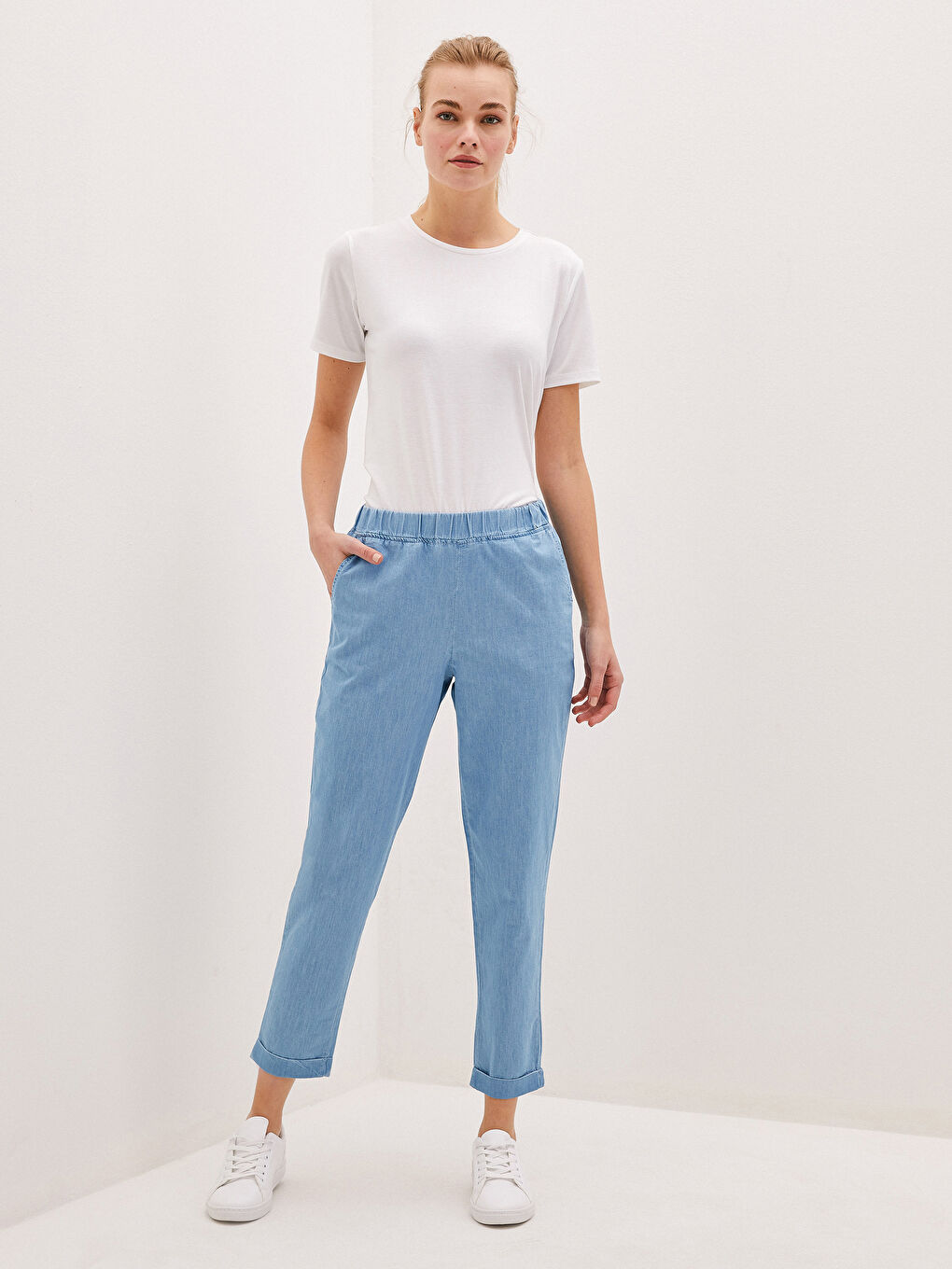LCW Modest Elastic Waist Wide Fit Harem Women Jean Trousers -S1GO42Z8-311