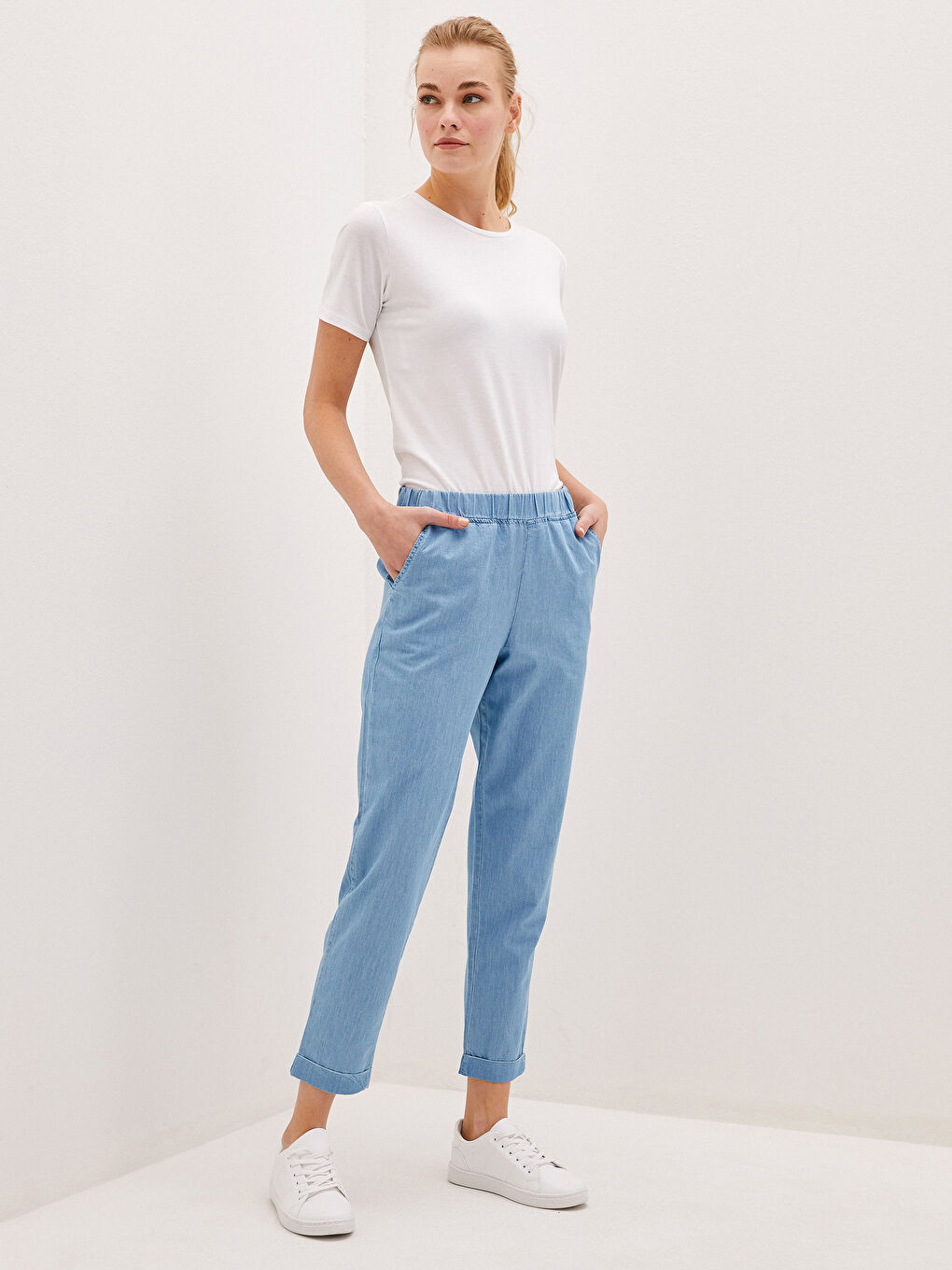 LCW Modest Elastic Waist Wide Fit Harem Women Jean Trousers -S1GO42Z8-311