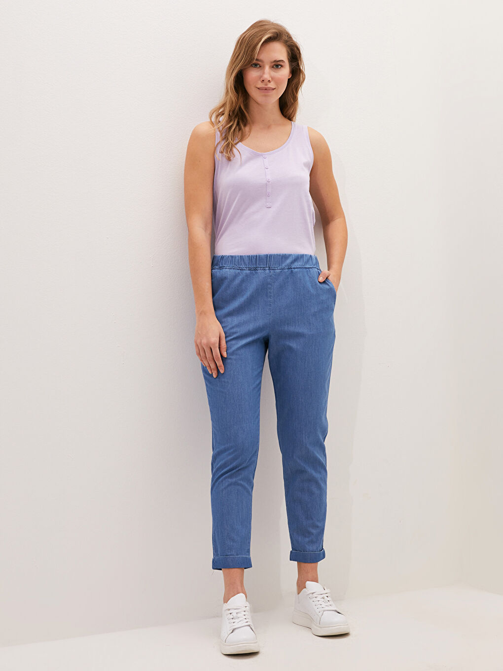 Elastic Waist Wide Fit Harem Women Jean Trousers-3