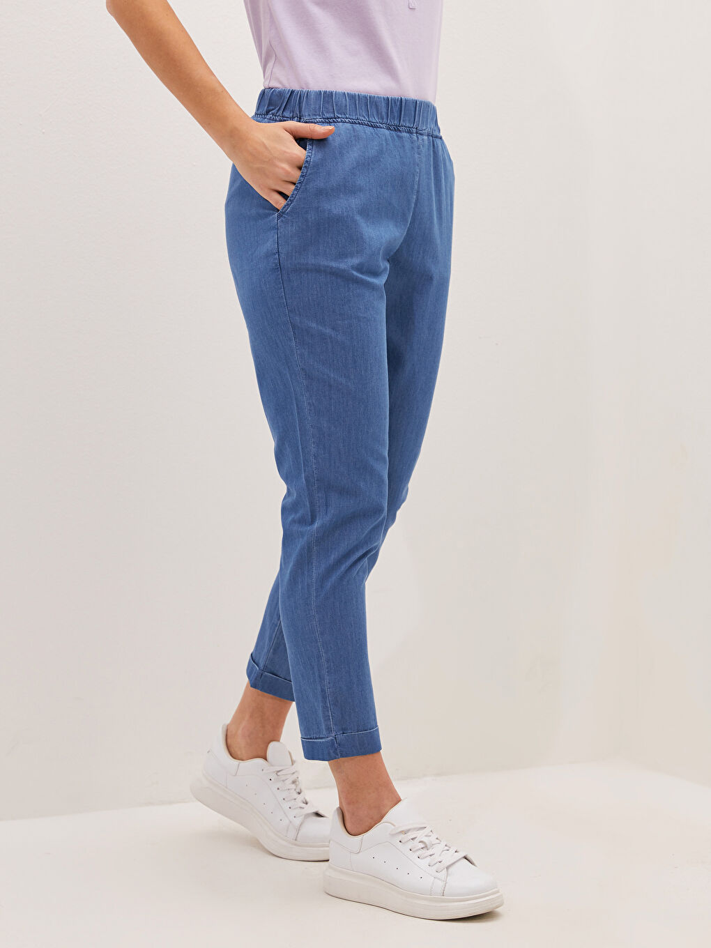 Elastic Waist Wide Fit Harem Women Jean Trousers-4