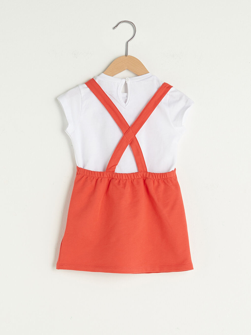 Kırmızı Bisiklet Yaka Kısa Kollu Mickey Mouse Baskılı Kız Bebek Tişört ve Elbise 2'li Takım-1