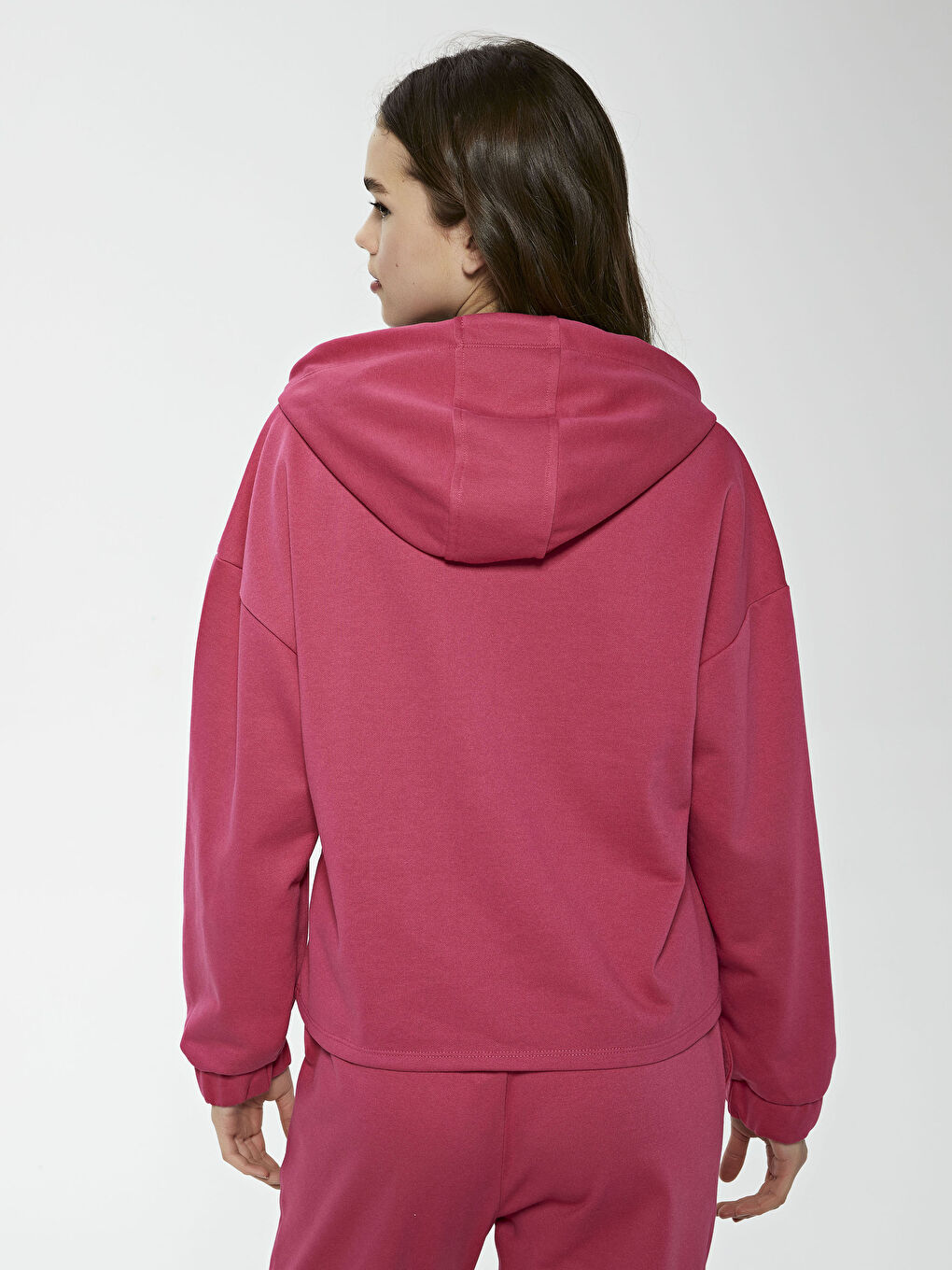 Pembe Kapüşon Yaka Düz Uzun Kollu Kadın Sweatshirt-1