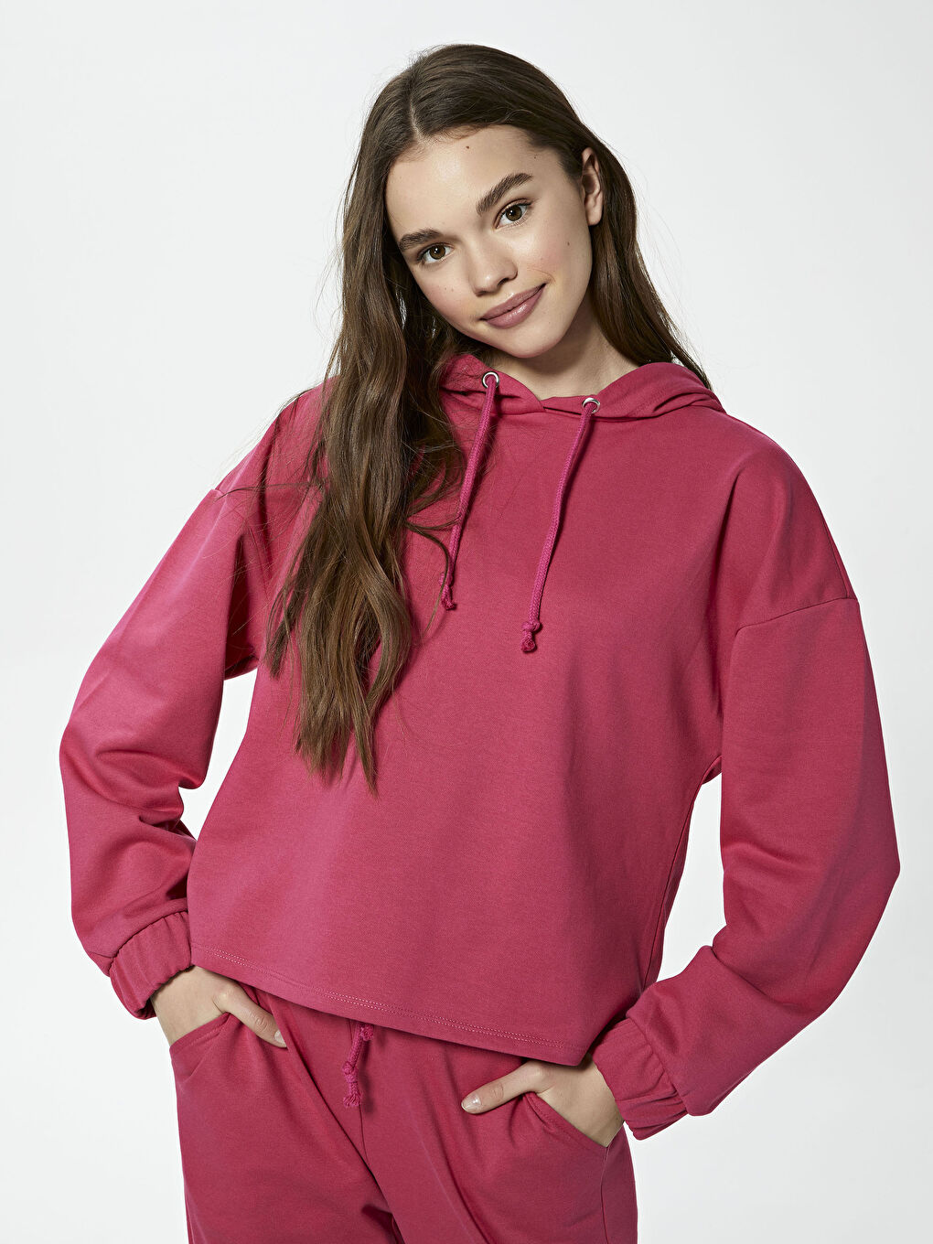 Pembe Kapüşon Yaka Düz Uzun Kollu Kadın Sweatshirt