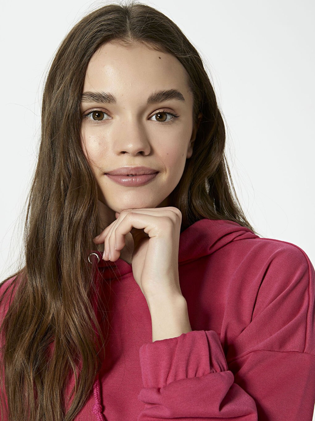 Pembe Kapüşon Yaka Düz Uzun Kollu Kadın Sweatshirt-3