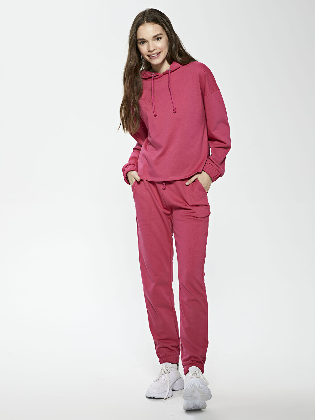 Pembe Kapüşon Yaka Düz Uzun Kollu Kadın Sweatshirt-4