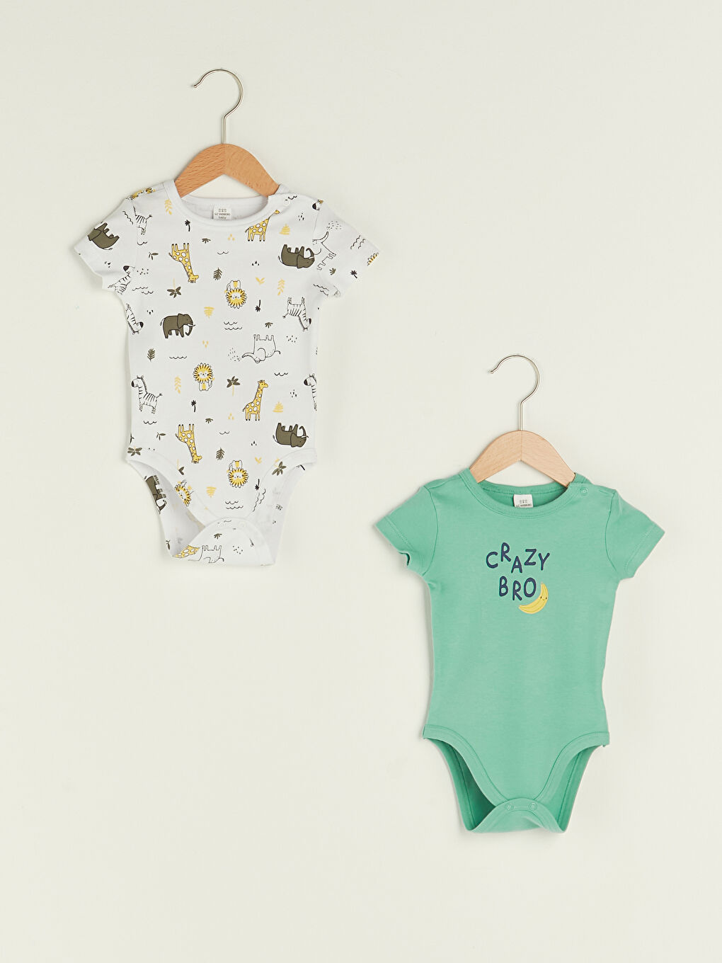 Yeşil Bisiklet Yaka Kısa Kol Baskılı Pamuklu Erkek Bebek Çıtçıtlı Body 2'li