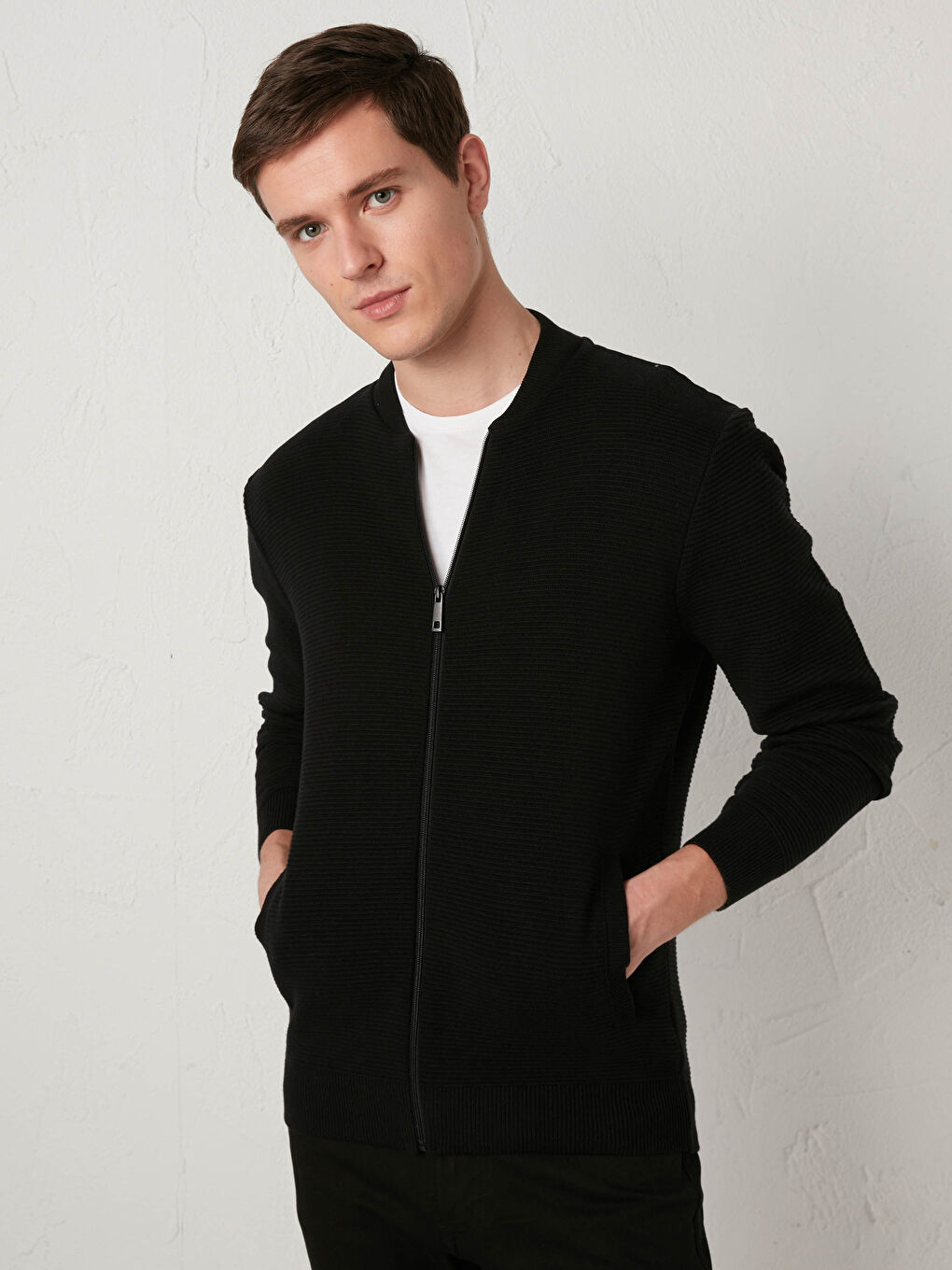 College Neck Long Sleeve Zippered Men's Tricot Cardigan