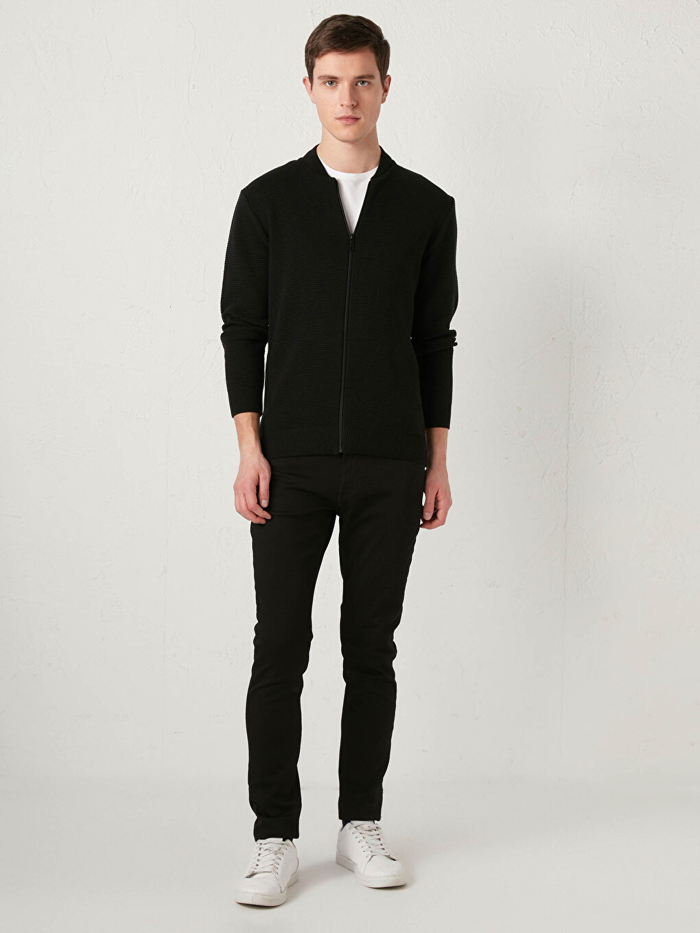College Neck Long Sleeve Zippered Men's Tricot Cardigan-1