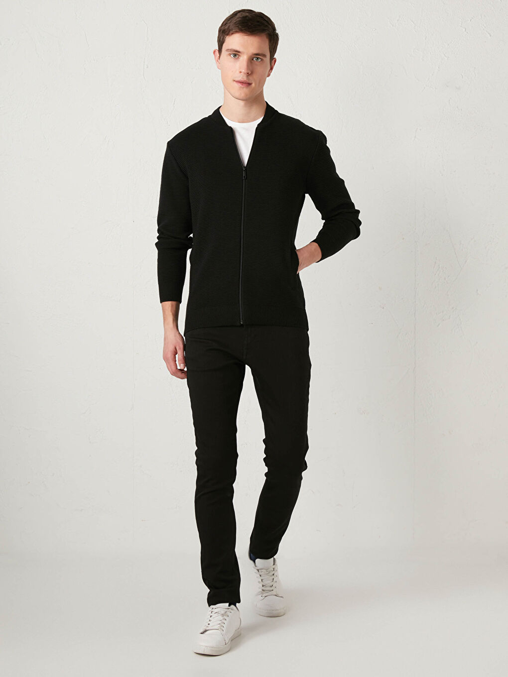 College Neck Long Sleeve Zippered Men's Tricot Cardigan-2