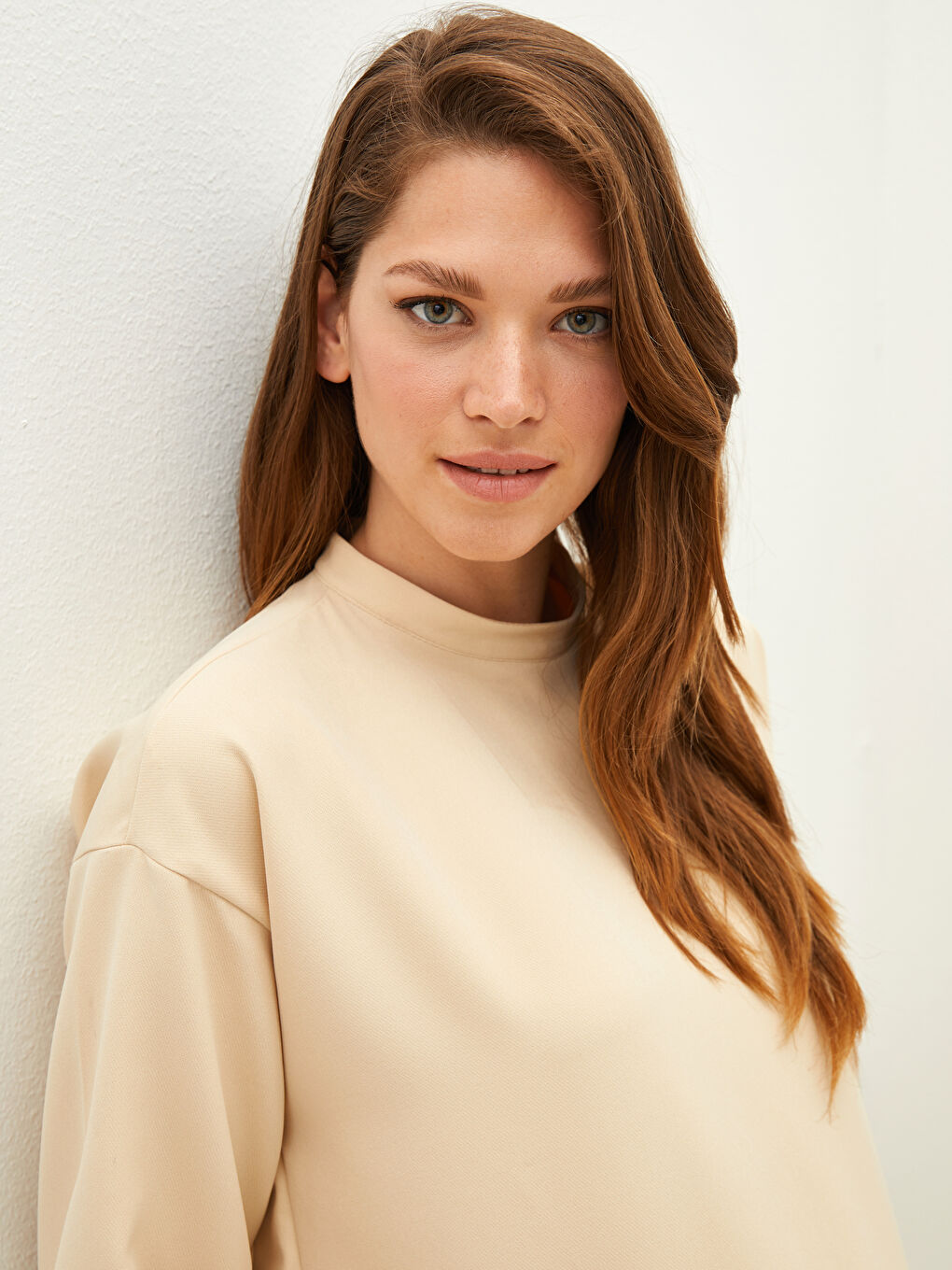 Bej Bisiklet Yaka Düz Uzun Kollu Hamile Tunik-2