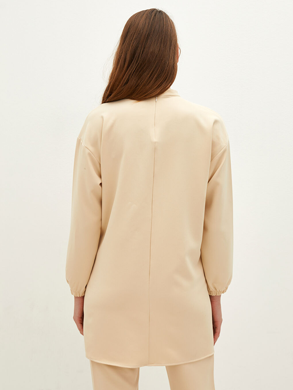 Bej Bisiklet Yaka Düz Uzun Kollu Hamile Tunik-3